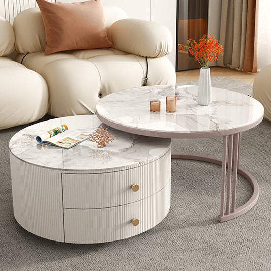 Contemporary Round Coffee Table 2-Piece Coffee or End Table in White and Grey