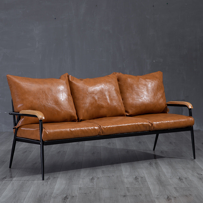 Industrial Style Loose Back Sofa Metal & Wood Frame Cushions Sofa 63"L x 24"W x 25.5"H Faux Leather Orange Clearhalo 'furn' 'furn_sofas' 'Furniture' 'Living Room Furniture' 'Sofa' 'sofas' 6736881