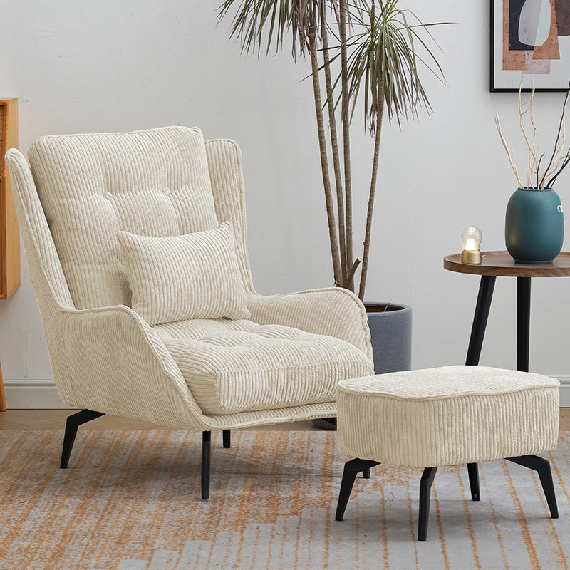 Modern Accent Chair Solid Color Corduroy Tufted Back Basic Four Leg Chair Off-White 1 Piece With Ottoman Clearhalo 'Accent Chairs' 'accent_chairs' 'Chairs & Seating' 'furn' 'furn_accent_chairs' 'Furniture' 'Living Room Furniture' 6737012