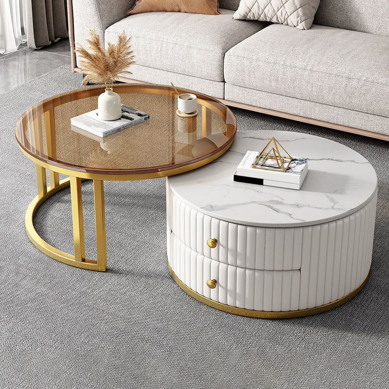 Mesa de centro moderna para cóctel, mesa de centro redonda de cristal/pizarra con 2 cajones