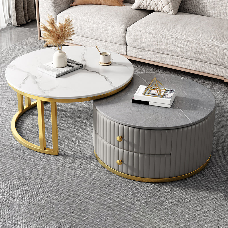 Mesa de centro moderna para cóctel, mesa de centro redonda de cristal/pizarra con 2 cajones