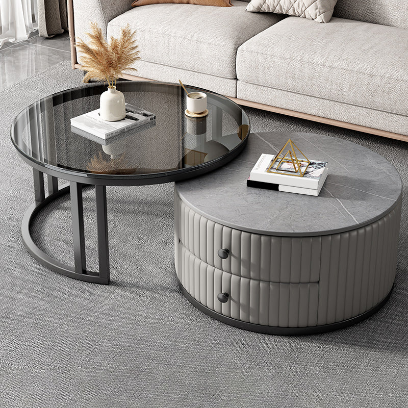 Mesa de centro moderna para cóctel, mesa de centro redonda de cristal/pizarra con 2 cajones