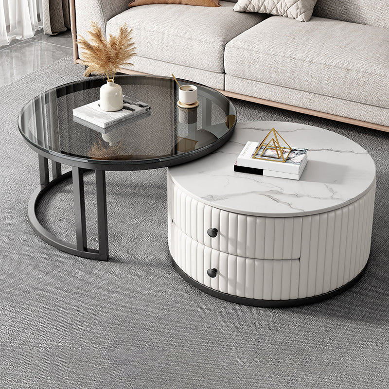 Mesa de centro moderna para cóctel, mesa de centro redonda de cristal/pizarra con 2 cajones