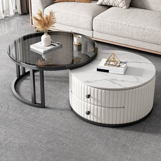 Modern Coffee Cocktail Table Round Glass / Slate Coffee Table with 2 Drawers