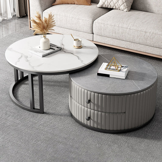 Modern Coffee Cocktail Table Round Glass / Slate Coffee Table with 2 Drawers