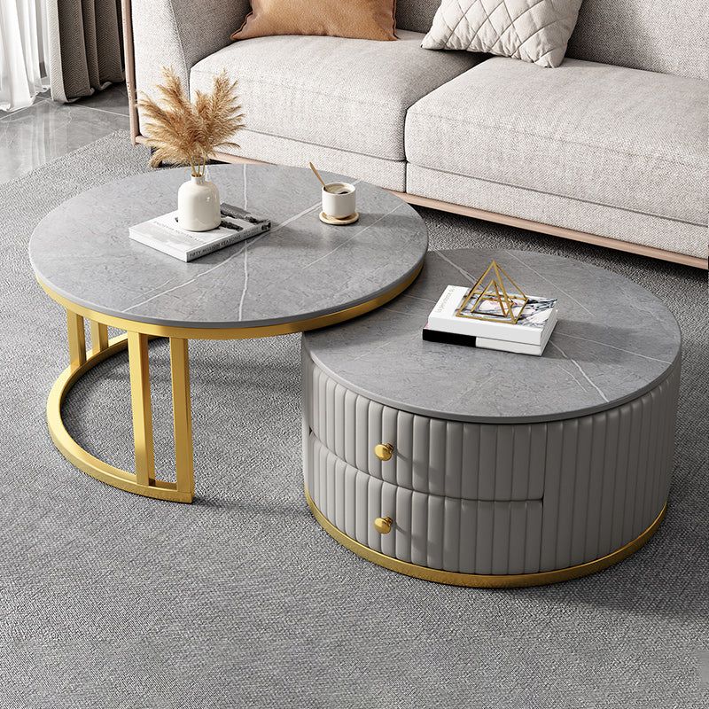 Mesa de centro moderna para cóctel, mesa de centro redonda de cristal/pizarra con 2 cajones