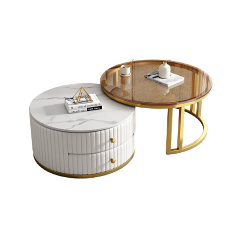 Mesa de centro moderna para cóctel, mesa de centro redonda de cristal/pizarra con 2 cajones