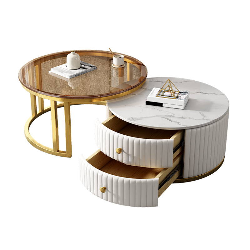 Mesa de centro moderna para cóctel, mesa de centro redonda de cristal/pizarra con 2 cajones