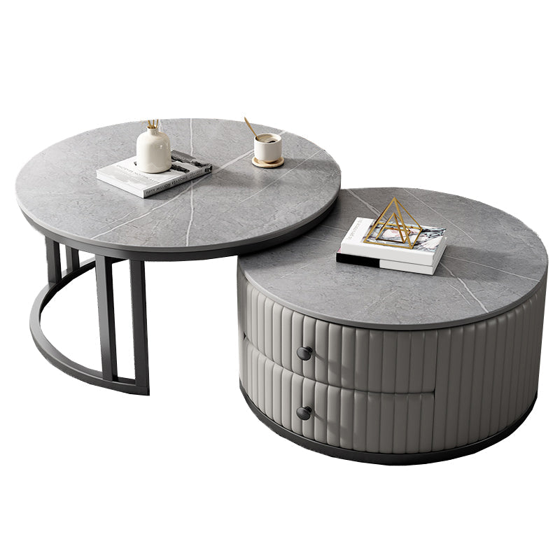Mesa de centro moderna para cóctel, mesa de centro redonda de cristal/pizarra con 2 cajones