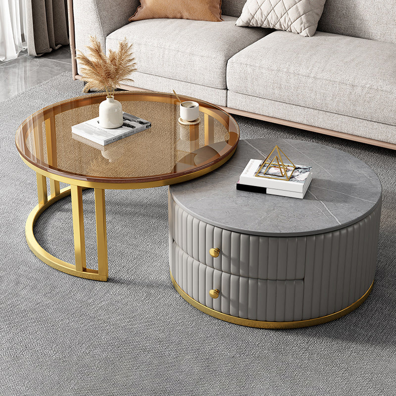 Mesa de centro moderna para cóctel, mesa de centro redonda de cristal/pizarra con 2 cajones