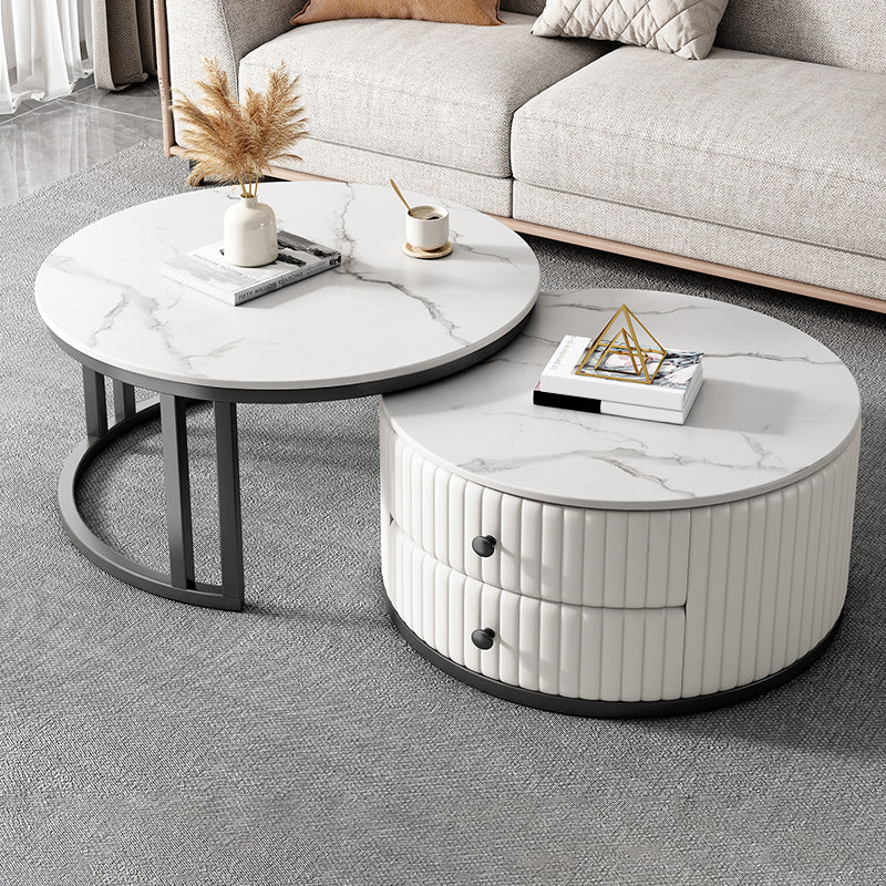 Mesa de centro moderna para cóctel, mesa de centro redonda de cristal/pizarra con 2 cajones