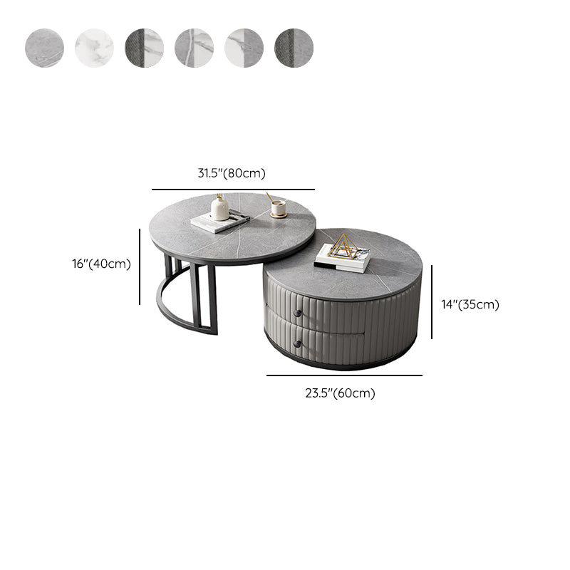 Mesa de centro moderna para cóctel, mesa de centro redonda de cristal/pizarra con 2 cajones