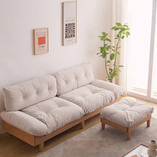 Contemporary Beige Sofa with Tufted Back and Flared Arm in Linen