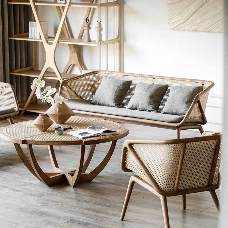 Rattan linnen bank 25.59 "Hoge hellende armbank met losse rug voor woonkamer