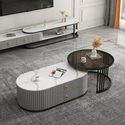 Slate Frame Coffee Table Glam Nesting Coffee Table Set with 2 Drawers
