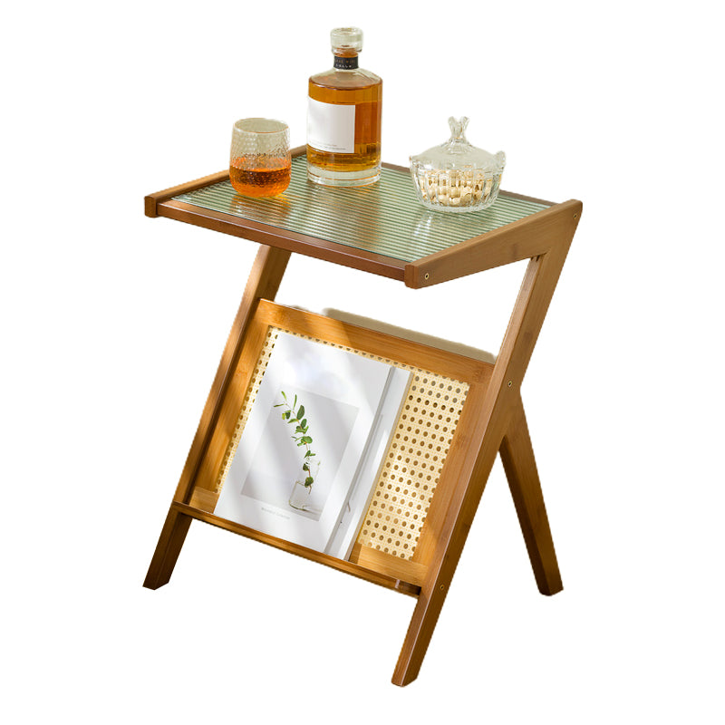 Contemporary Glass Top Accent Side Table for Living Room with Bamboo Base