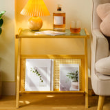 Contemporary Glass Top Accent Side Table for Living Room with Bamboo Base