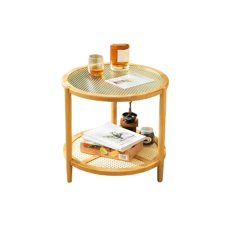 Contemporary Glass Top Accent Side Table for Living Room with Bamboo Base