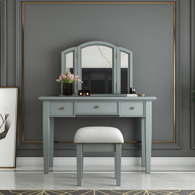 Traditional 3-Drawer Wood Dressing Table with Mirror Makeup Vanity Stool Clearhalo 'Bedroom Furniture' 'furn' 'furn_makeup_vanities' 'Furniture' 'Makeup Vanities' 'makeup_vanities' 6738914