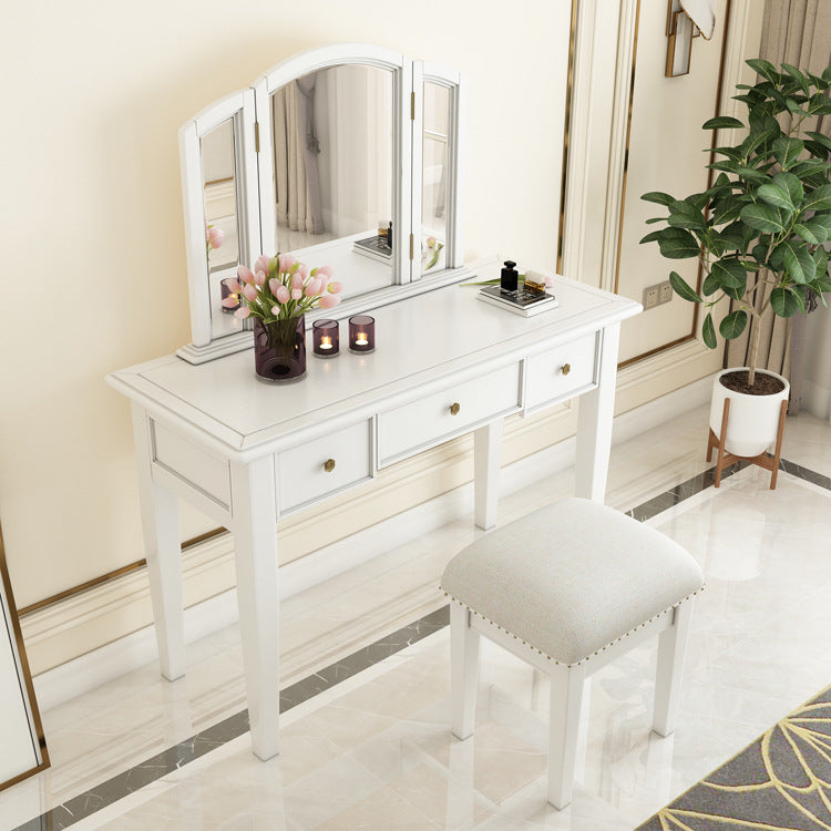 Traditional 3-Drawer Wood Dressing Table with Mirror Makeup Vanity Stool Makeup Vanity & Mirror & Stools White Clearhalo 'Bedroom Furniture' 'furn' 'furn_makeup_vanities' 'Furniture' 'Makeup Vanities' 'makeup_vanities' 6738915