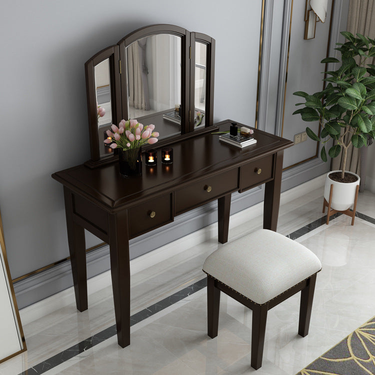 Traditional 3-Drawer Wood Dressing Table with Mirror Makeup Vanity Stool Makeup Vanity & Mirror & Stools Black Clearhalo 'Bedroom Furniture' 'furn' 'furn_makeup_vanities' 'Furniture' 'Makeup Vanities' 'makeup_vanities' 6738916