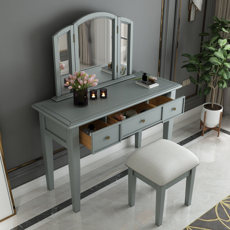 Traditional 3-Drawer Wood Dressing Table with Mirror Makeup Vanity Stool Makeup Vanity & Mirror & Stools Grey Clearhalo 'Bedroom Furniture' 'furn' 'furn_makeup_vanities' 'Furniture' 'Makeup Vanities' 'makeup_vanities' 6738917