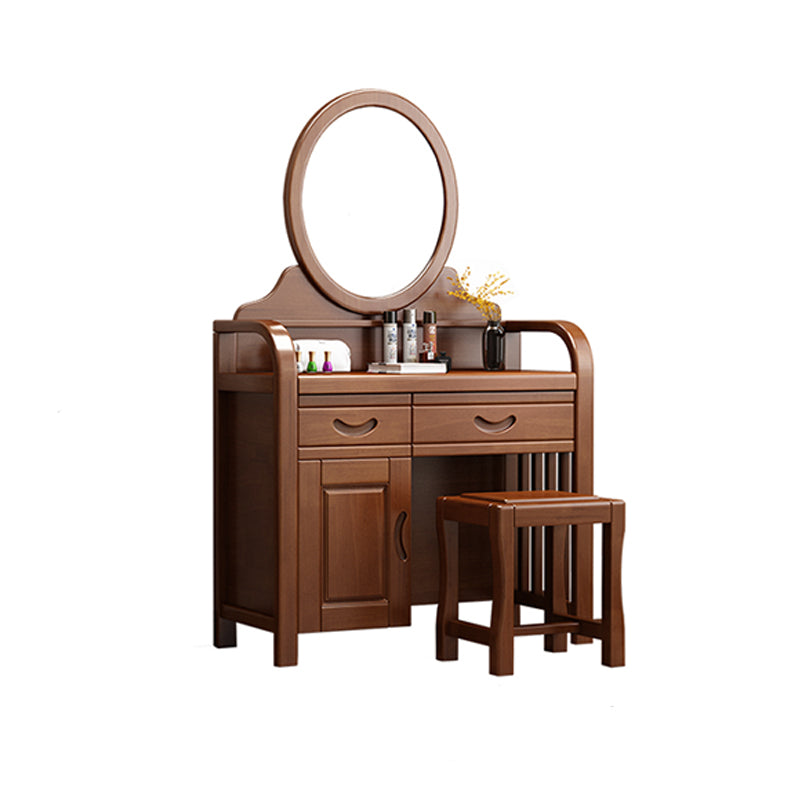 Tradizionale tavolo da toeletta in legno massiccio a 2 cassetti con sgabello da vanità per trucco a specchio