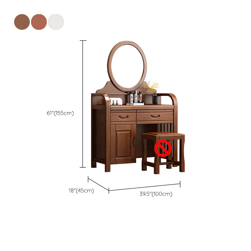 Tradizionale tavolo da toeletta in legno massiccio a 2 cassetti con sgabello da vanità per trucco a specchio