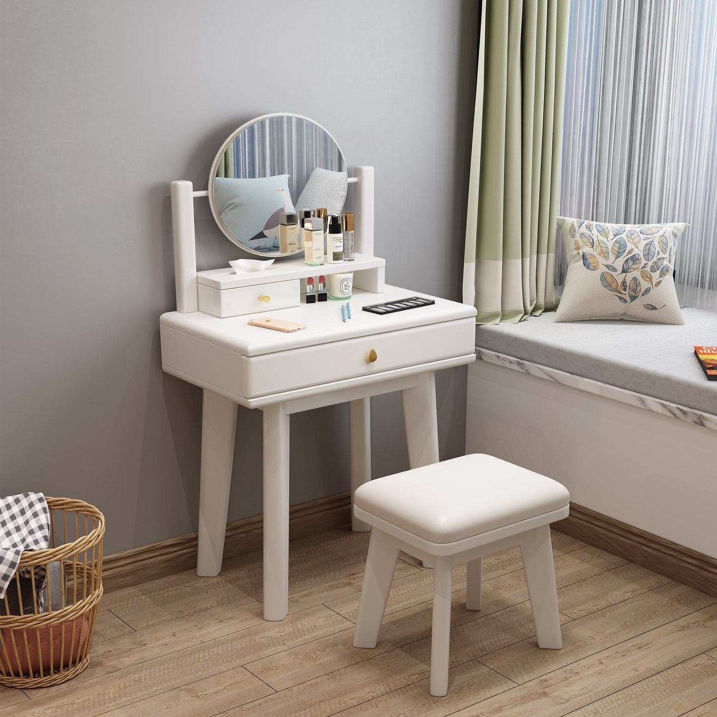 Scandinavian Solid Wood Table Makeup Vanity with Mirror and Drawers