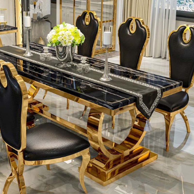 Mesa de comedor Glam Dining de imitación de mármol, mesa rectangular con base de metal para uso doméstico