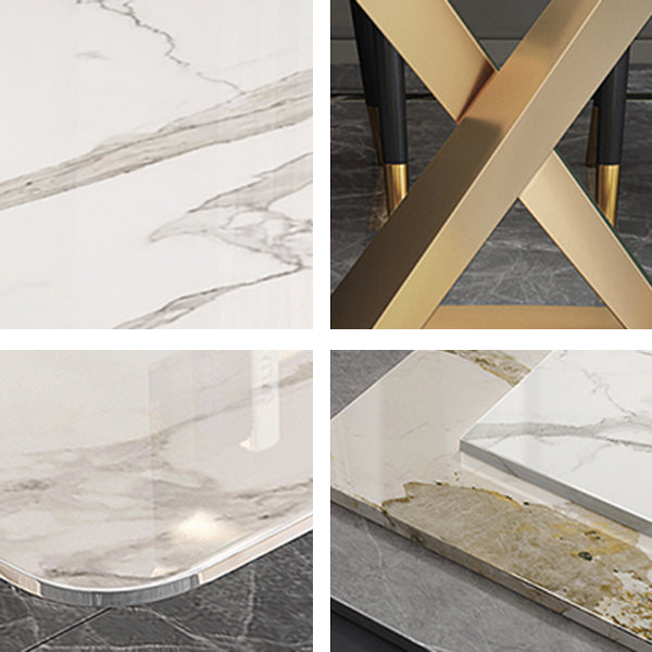 Mesa de comedor rectangular de piedra Glam, mesa con pedestal dorado para comedor