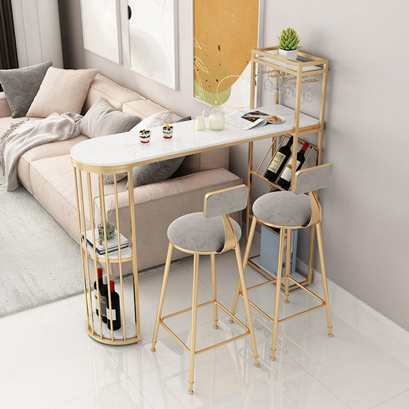 Industrial Faux Marble Bar Dining Table Double Pedestal Bar Table with Wine Glass Holders