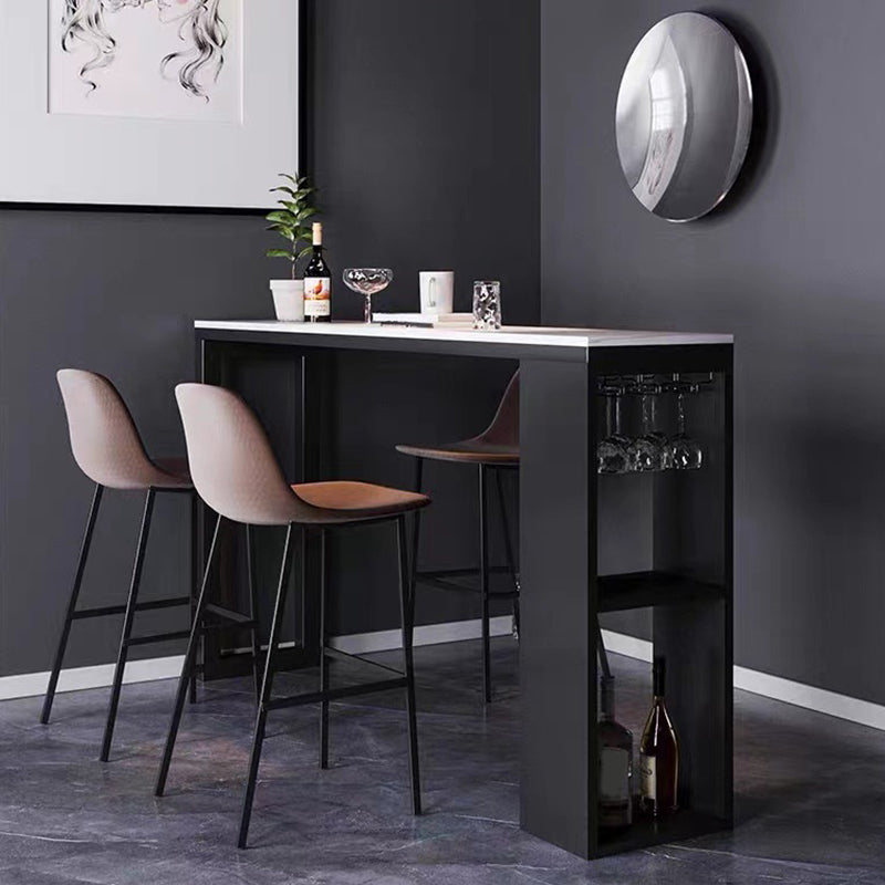 Mesa de bar de piedra sinterizada industrial, mesa de bar con base metálica rectangular, con almacenamiento