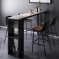 Mesa de bar de piedra sinterizada industrial, mesa de bar con base metálica rectangular, con almacenamiento