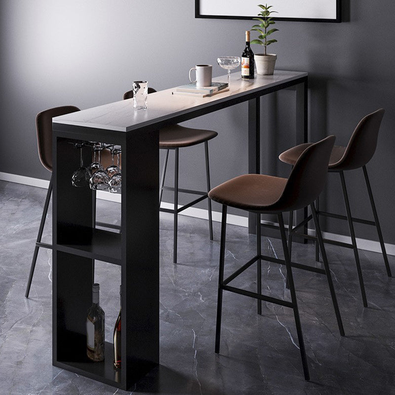 Mesa de bar de piedra sinterizada industrial, mesa de bar con base metálica rectangular, con almacenamiento