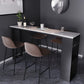 Mesa de bar de piedra sinterizada industrial, mesa de bar con base metálica rectangular, con almacenamiento