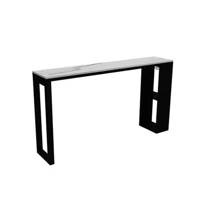 Mesa de bar de piedra sinterizada industrial, mesa de bar con base metálica rectangular, con almacenamiento