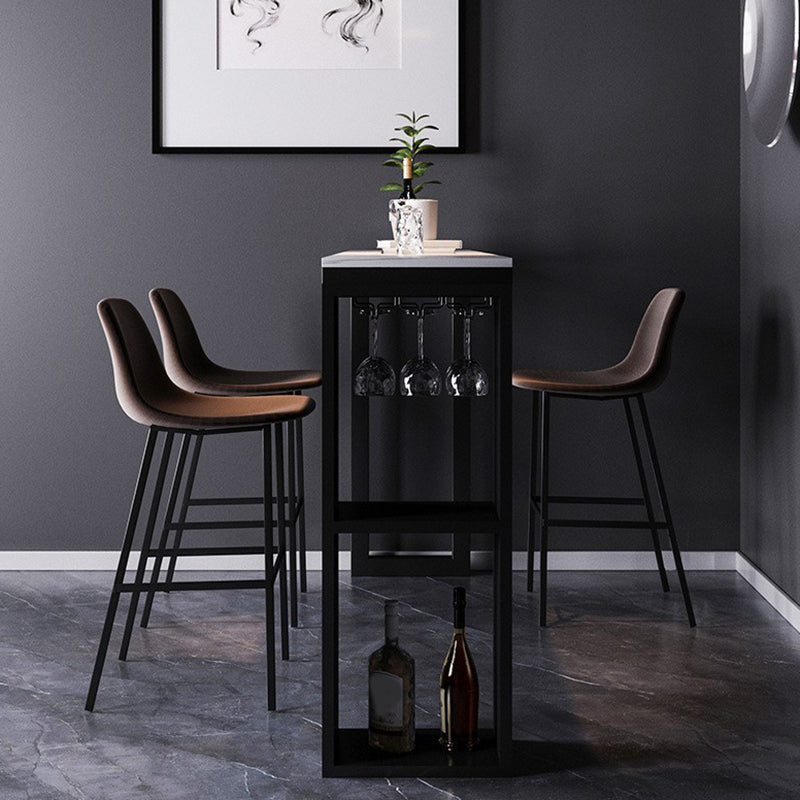 Mesa de bar de piedra sinterizada industrial, mesa de bar con base metálica rectangular, con almacenamiento