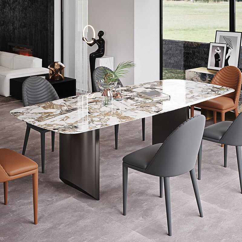 Industrial Style Rectangle Dining Table Sintered Stone Table with Metal Legs for Home Gold 63"L x 35.4"W x 29.5"H Without Chairs Clearhalo 'Dining Tables & Seating' 'Dining Tables' 'dining_table' 'furn' 'furn_dining_table' 'Furniture' 'Kitchen & Dining Furniture' 6751757