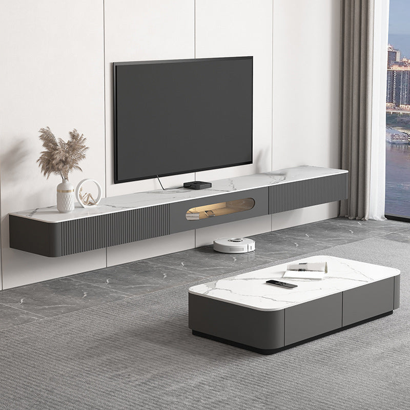 Soporte de TV moderno, almacenamiento cerrado, consola multimedia de TV montada en la pared con cajones