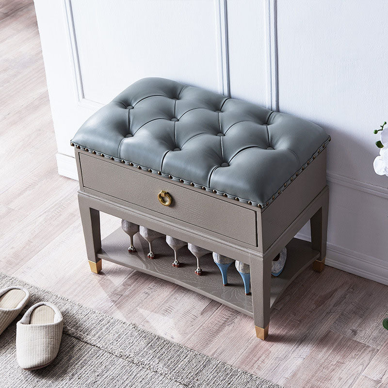 Rubber Wood Seating Bench Genuine Leather Rectangle Shoe Storage Entryway Bench 23.6"L x 13.8"W x 18.9"H Grey Clearhalo 'Benches' 'Chairs & Seating' 'furn' 'furn_benches' 'Furniture' 'Living Room Furniture' 6754579