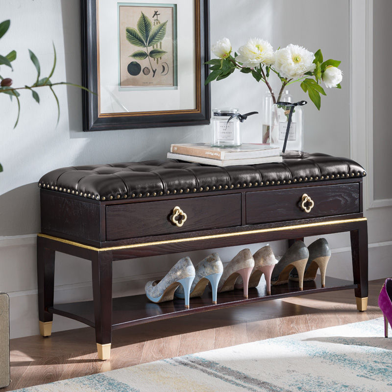 Rubber Wood Seating Bench Genuine Leather Rectangle Shoe Storage Entryway Bench Clearhalo 'Benches' 'Chairs & Seating' 'furn' 'furn_benches' 'Furniture' 'Living Room Furniture' 6754580