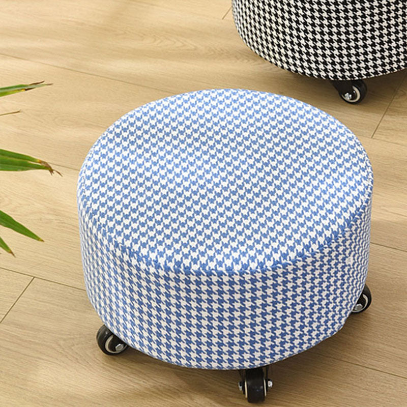 Cotton Blend Ottoman Houndstooth Pattern Fade Resistant Round Ottoman with Wheels Blue-White 1 Piece Clearhalo 'furn' 'furn_ottomans_poufs' 'Furniture' 'Living Room Furniture' 'Ottomans & Poufs' 'ottomans_poufs' 6755954