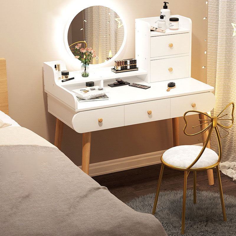 Contemporary White Vanity Dressing Table with Mirror in Solid Wood Makeup Vanity & Mirror & Stools 39"L x 16"W x 50"H 5 Clearhalo 'Bedroom Furniture' 'furn' 'furn_makeup_vanities' 'Furniture' 'Makeup Vanities' 'makeup_vanities' 6760046