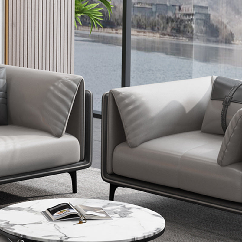 Minimalist Pillow Top Arm Sofa Gray Leather Loose Back Cushions Sofa