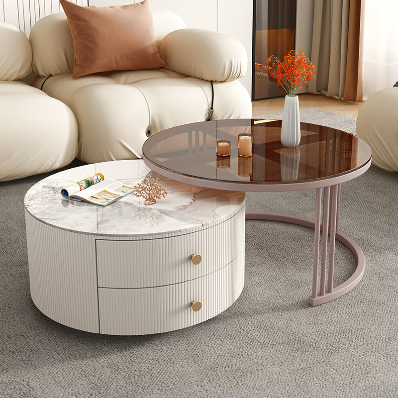 Frame 2 Nesting Coffee Table with 2 Drawers Modern Slate/Glass Round Coffee Table Set Glass & Stone Grey White Clearhalo 'Coffee & Accent Tables' 'Coffee Tables' 'coffee_tables' 'furn' 'furn_coffee_tables' 'Furniture' 'Living Room Furniture' 6761262