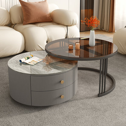 Frame 2 Nesting Coffee Table with 2 Drawers Modern Slate/Glass Round Coffee Table Set Glass & Stone Gray Clearhalo 'Coffee & Accent Tables' 'Coffee Tables' 'coffee_tables' 'furn' 'furn_coffee_tables' 'Furniture' 'Living Room Furniture' 6761265