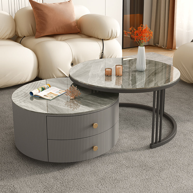 Frame 2 Nesting Coffee Table with 2 Drawers Modern Slate/Glass Round Coffee Table Set Stone Gray Clearhalo 'Coffee & Accent Tables' 'Coffee Tables' 'coffee_tables' 'furn' 'furn_coffee_tables' 'Furniture' 'Living Room Furniture' 6761269