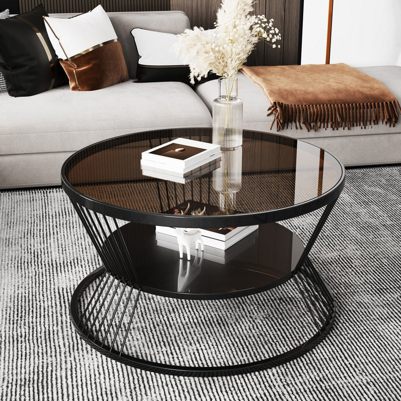 Modern Metal Frame Coffee Table Glass Top Coffee Or End Table with Shelf Black Brown Clearhalo 'Coffee & Accent Tables' 'Coffee Tables' 'coffee_tables' 'furn' 'furn_coffee_tables' 'Furniture' 'Living Room Furniture' 6761301