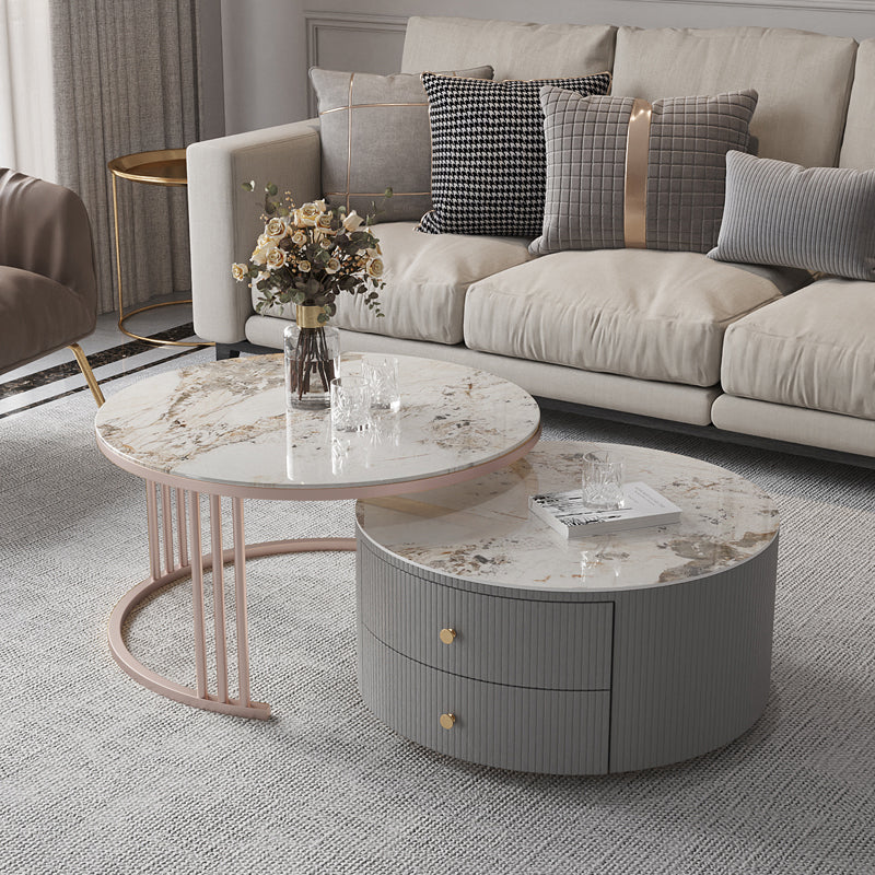 Modern Cocktail Table Round Glass / Slate Coffee Table with Storage Pandora Gold Clearhalo 'Coffee & Accent Tables' 'Coffee Tables' 'coffee_tables' 'furn' 'furn_coffee_tables' 'Furniture' 'Living Room Furniture' 6761322